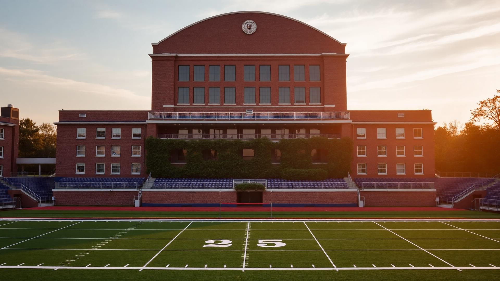 Historic college football stadium at golden hour